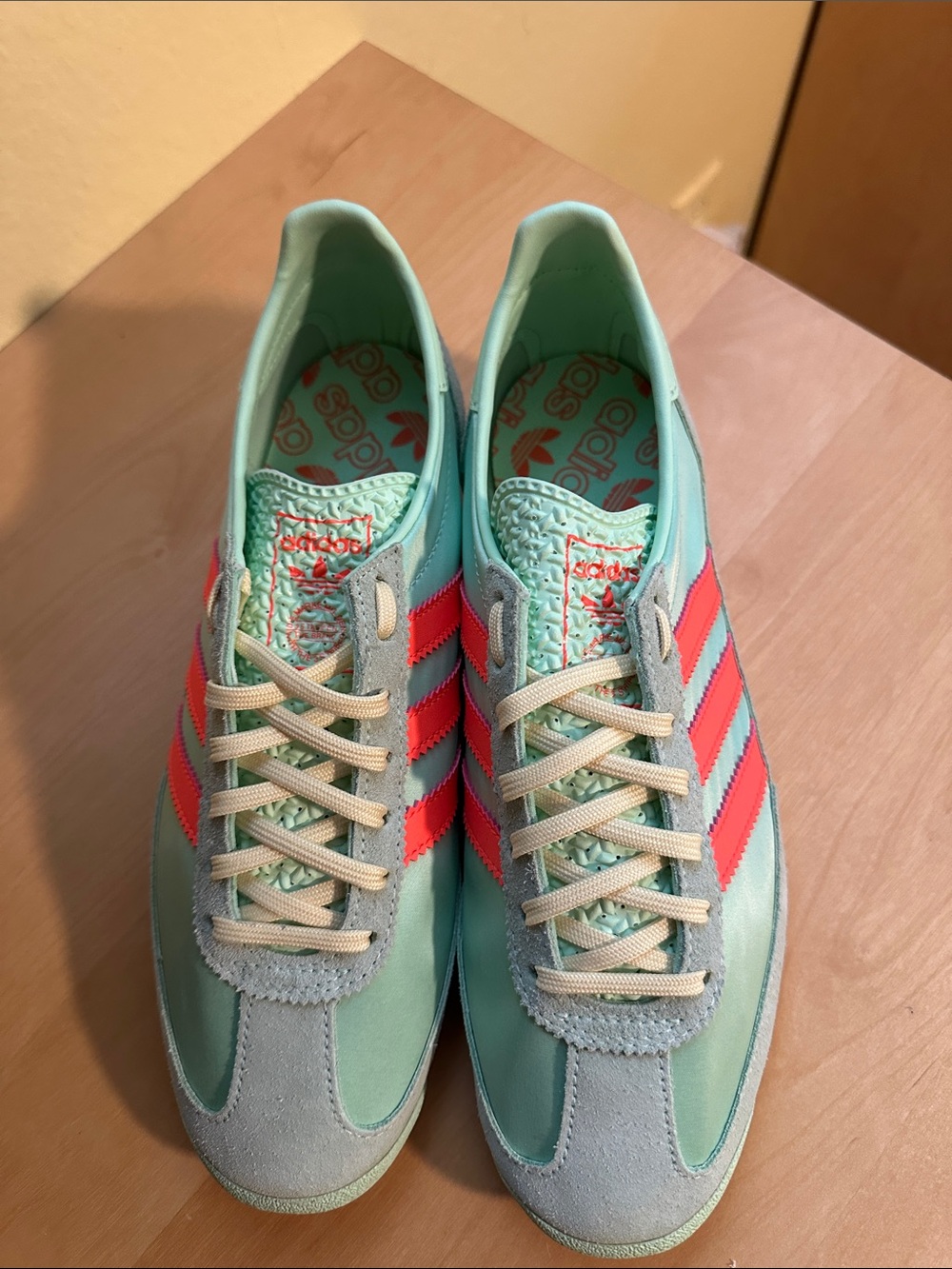 adidas Mint Green Sneakers with Coral Stripes - Picture 2 of 7